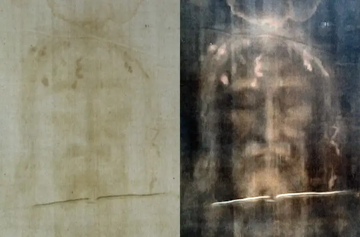 The face as a positive beside the face as a negative, with the original colour kept.