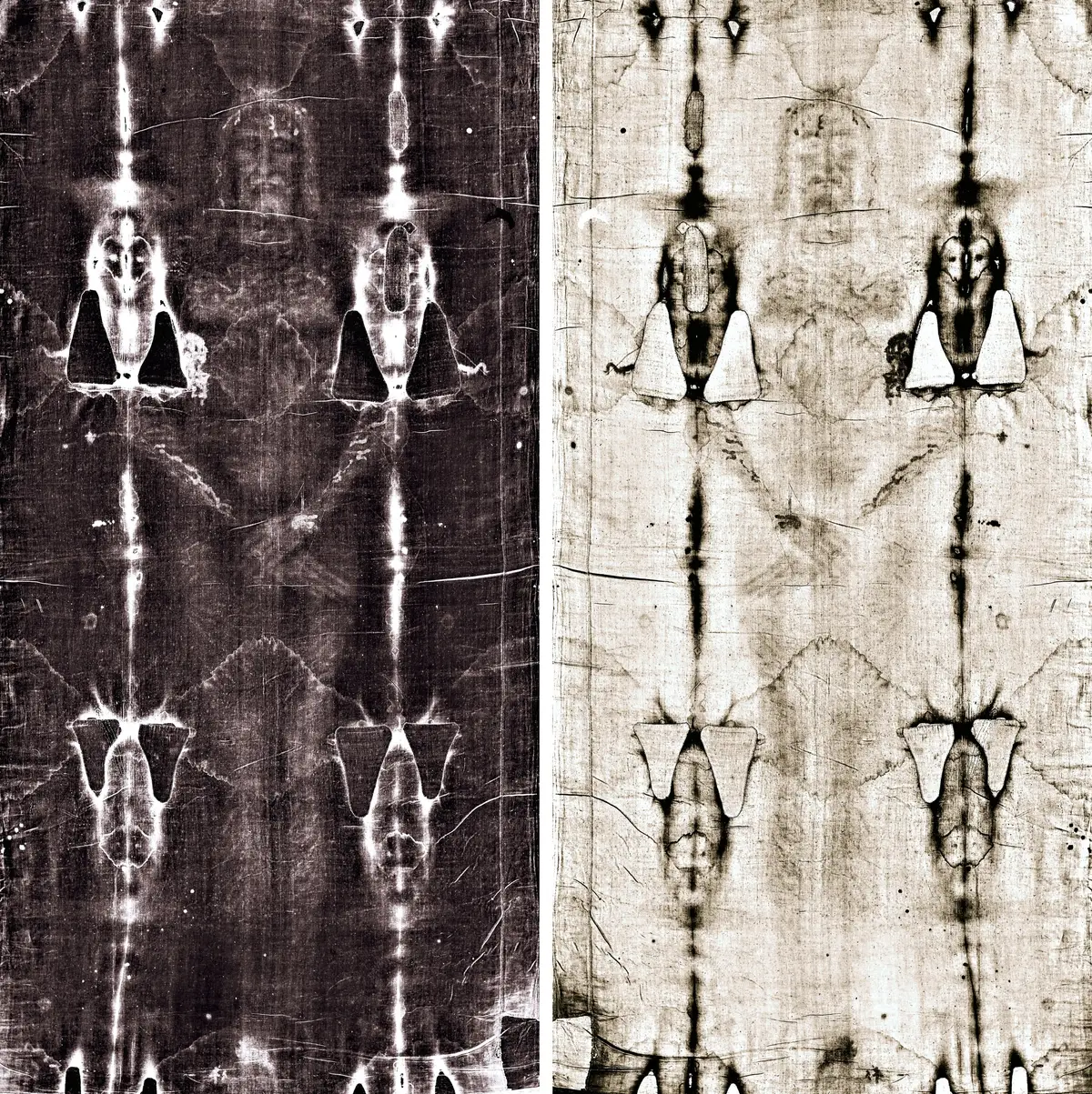 The Shroud as a negative on the left and as a positive on the right, full length.