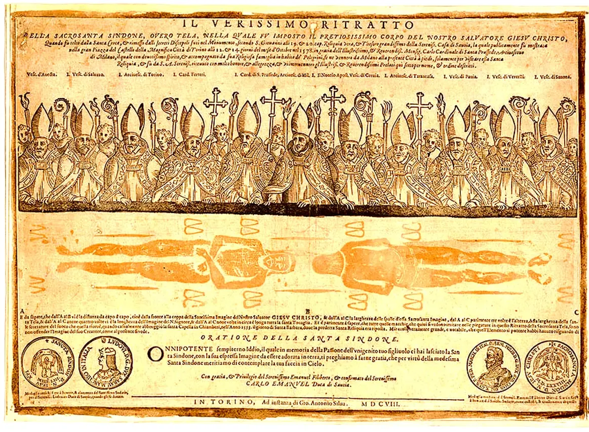 A 1608 copper engraving of bishops holding up the Shroud for a crowd.