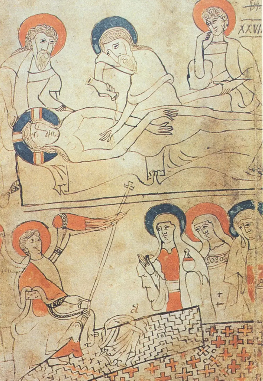 A page of the Pray Codex: the entombment above, the women at the tomb below, in red and brown ink.