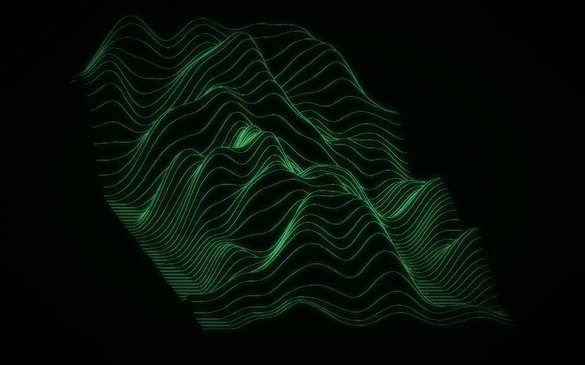 A green phosphor display showing the face of the Shroud as a relief, brightness read as height.